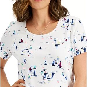 Karen Scott White and Blue Fitted Short Sleeve T-Shirt Size S